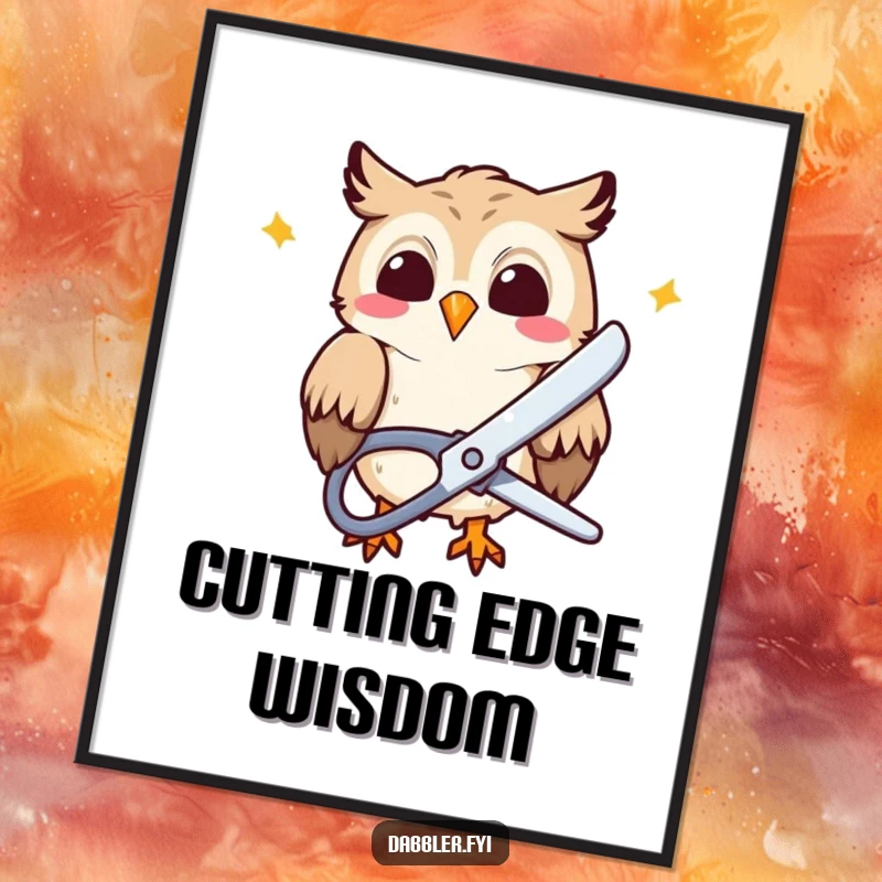 Funny Digital Art: A giggling owl character uses large scissors to snip colorful paper, joyful and humorous downloadable art.