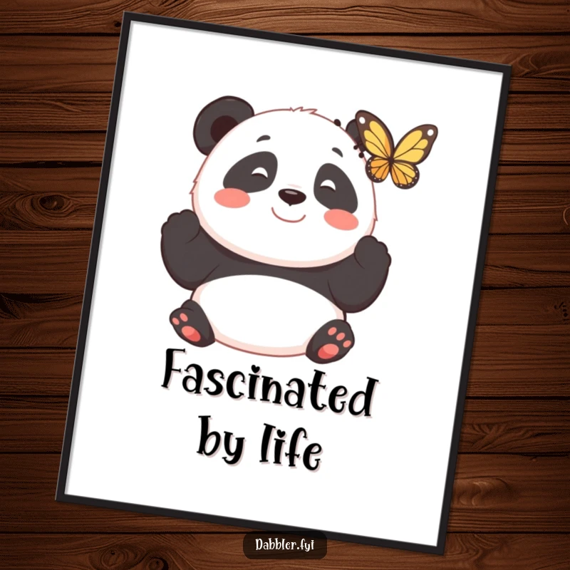 Funny digital art print of a smiling panda observing a fluttering butterfly with fascination, ready for instant download.