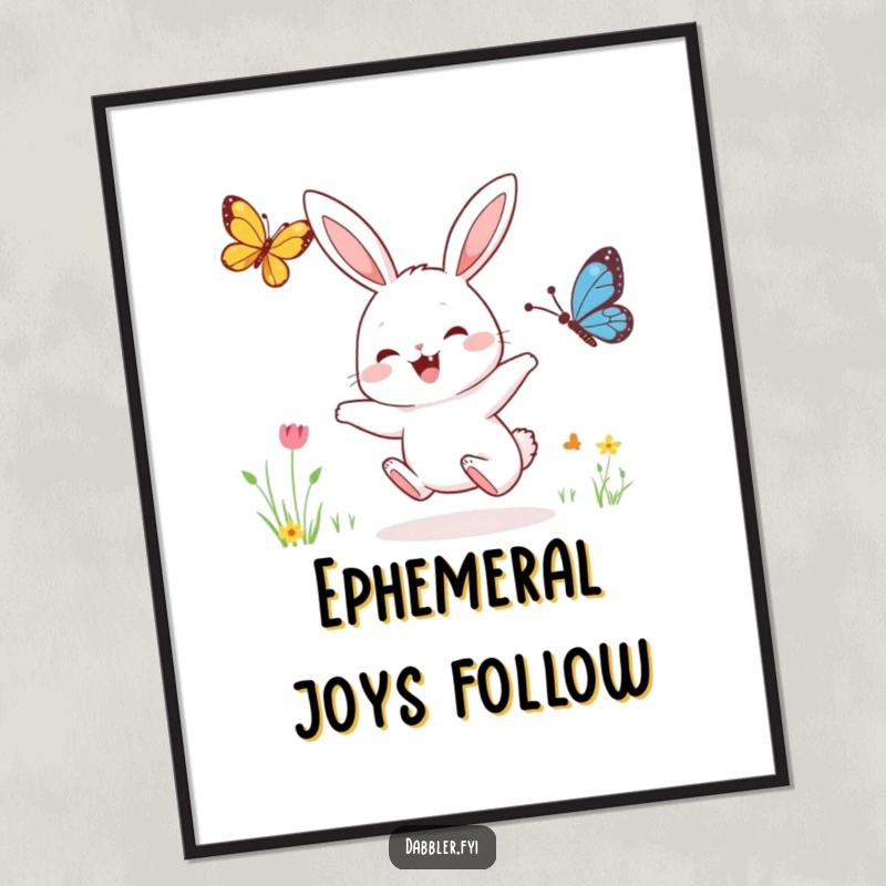 Funny digital art print of a joyful rabbit character enthusiastically following a colorful butterfly, ready for immediate download and display.