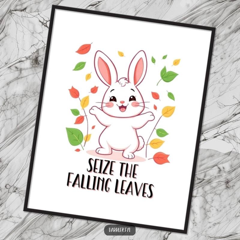 Funny rabbit juggling digital art print of a happy rabbit smiling broadly while juggling colorful autumn leaves, ideal for decor.