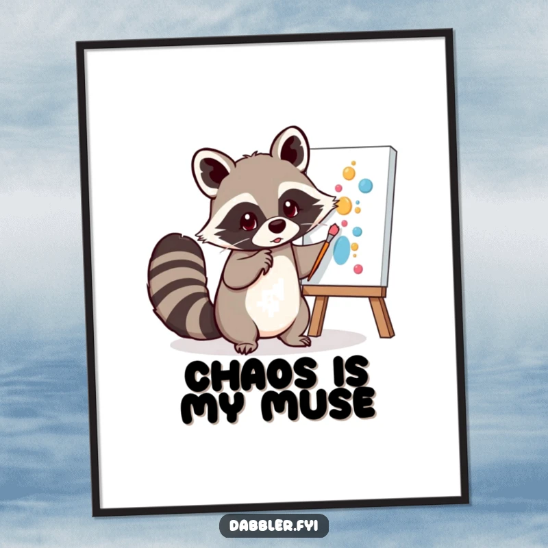 Funny Digital Art Print: A mischievous raccoon playfully dabs paint onto a canvas with its tail, showcasing unique artistic flair.