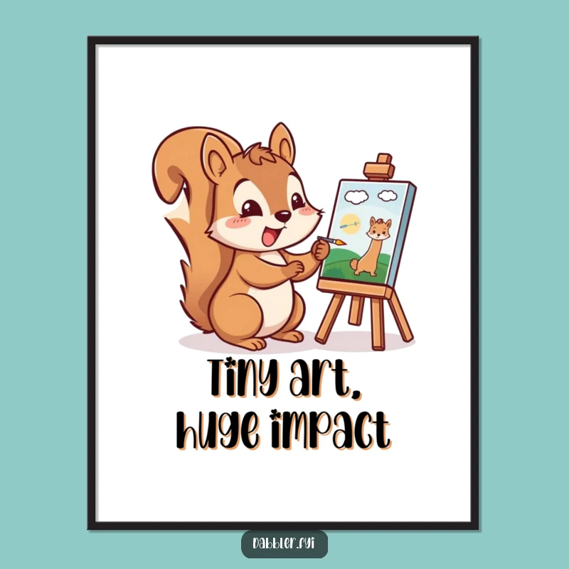Funny Squirrel Artist Digital Print: Cheerful Character Painting a Tiny Picture Excitedly