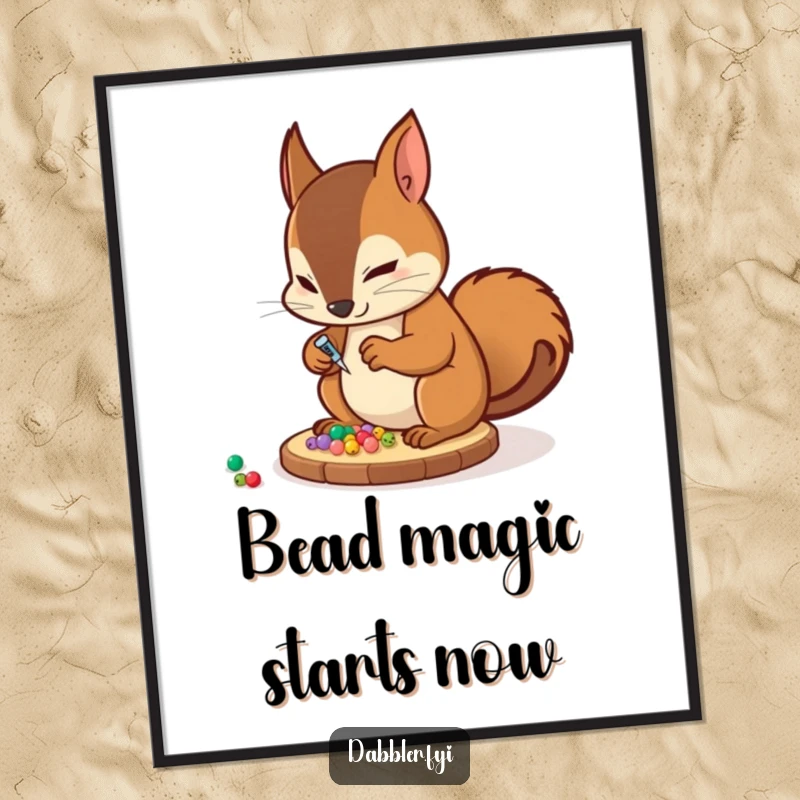 Funny Digital Art: A determined squirrel artist meticulously glues tiny decorative beads onto a coaster, a humorous and downloadable print.