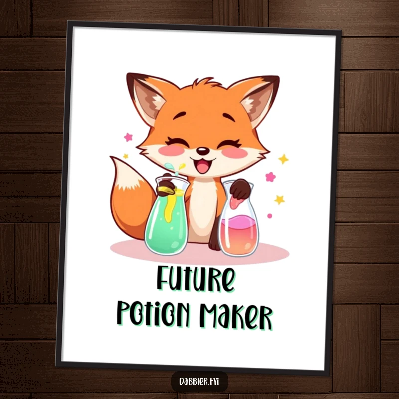 Funny fox digital art print, showing a fox gleefully mixing colorful liquids, for instant decor.