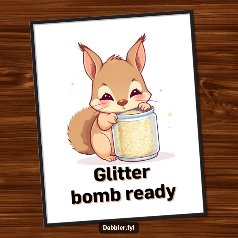 Funny squirrel digital art print, curious squirrel peeking into glitter can, instant wall decor, whimsical and humorous art.