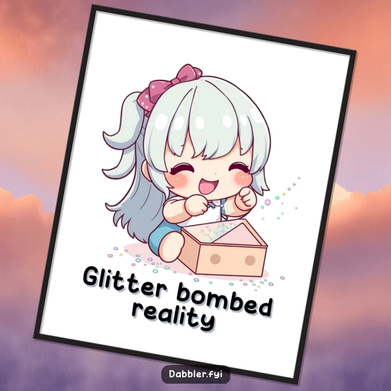 Funny glitter sprinkler digital art print of a happy character sprinkling glitter, perfect for sparkly and joyful displays.