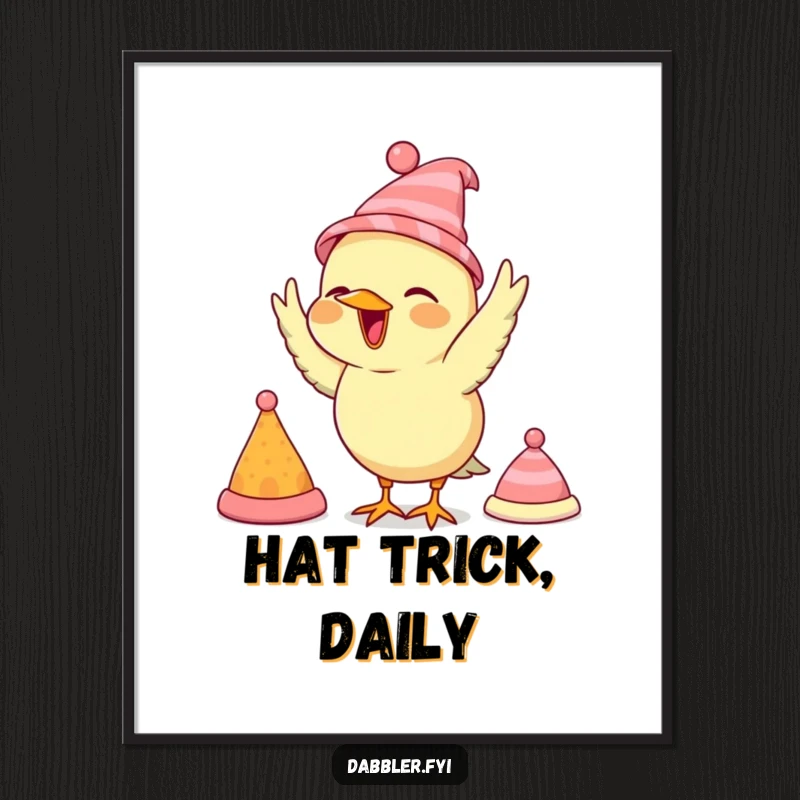 Funny bird digital art print, showing a bird enthusiastically trying on tiny hats, for instant decor.