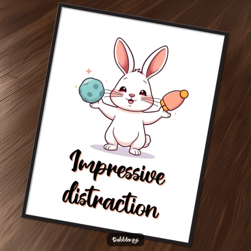 Funny digital art print of a rabbit juggling colorful objects, perfect for instant decor and a funny gift.