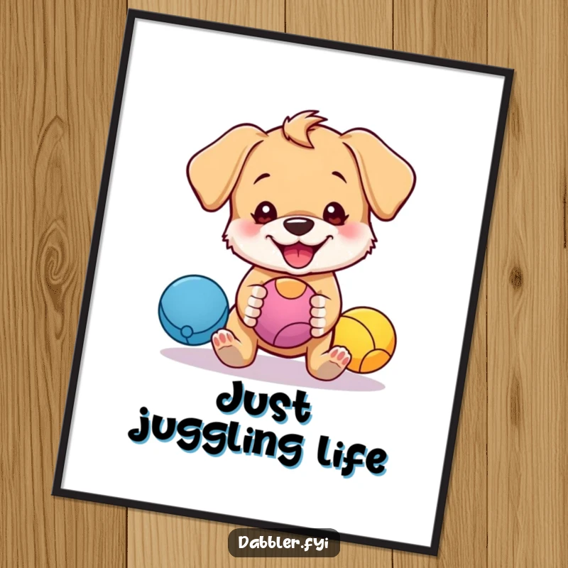 Funny digital art print of a cute puppy character humorously juggling bright balls, a delightful and funny addition to any space.