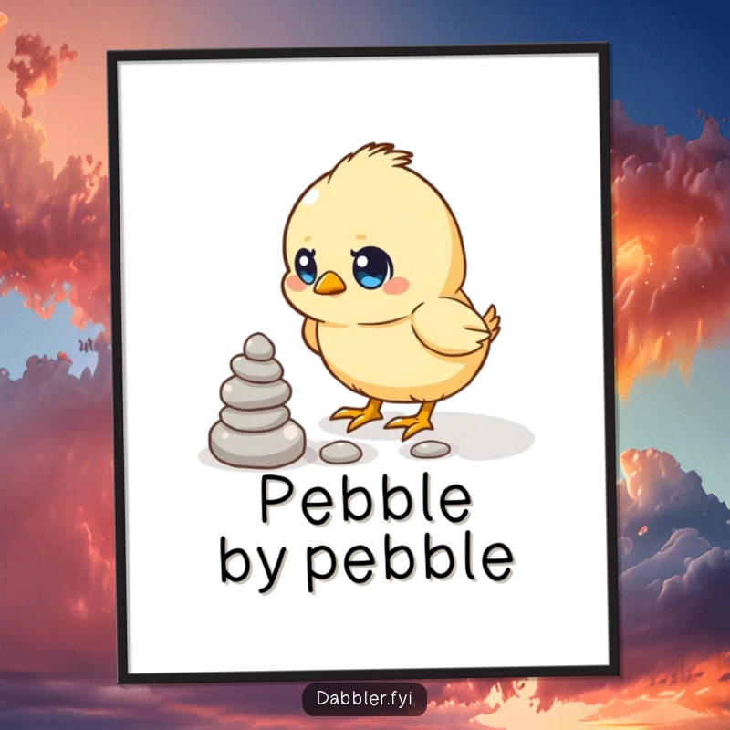 Funny digital art print of a determined chick focused on stacking small pebbles, ready for instant download.