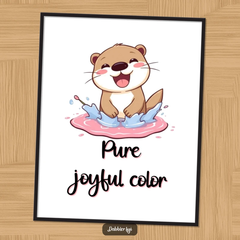 Funny otter digital art print of a cheerful otter splashing joyfully in a paint puddle, downloadable funny gift.