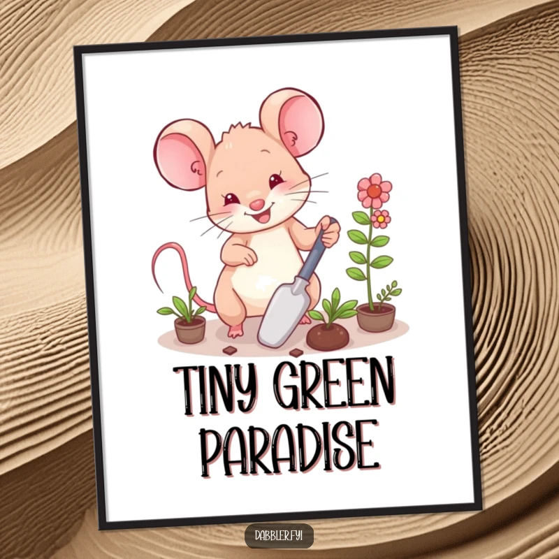 Funny Digital Art Print: A happy mouse character arranging miniature plants with a small trowel, garden art.