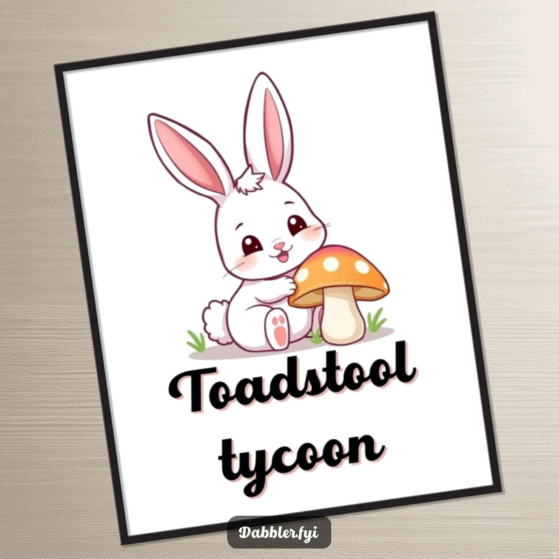 Funny happy bunny digital art print, curiously poking a colorful mushroom with one ear up, bringing a playful and charming vibe.