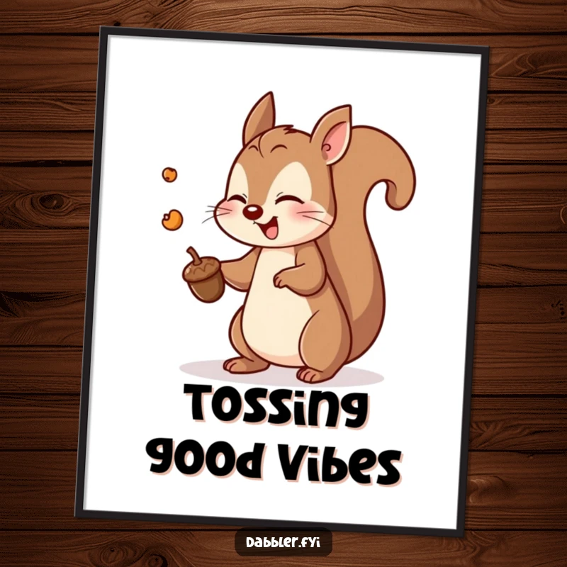 Funny squirrel acorn digital art print of a playful squirrel enthusiastically tossing a tiny acorn, ideal for cheerful wall decor.