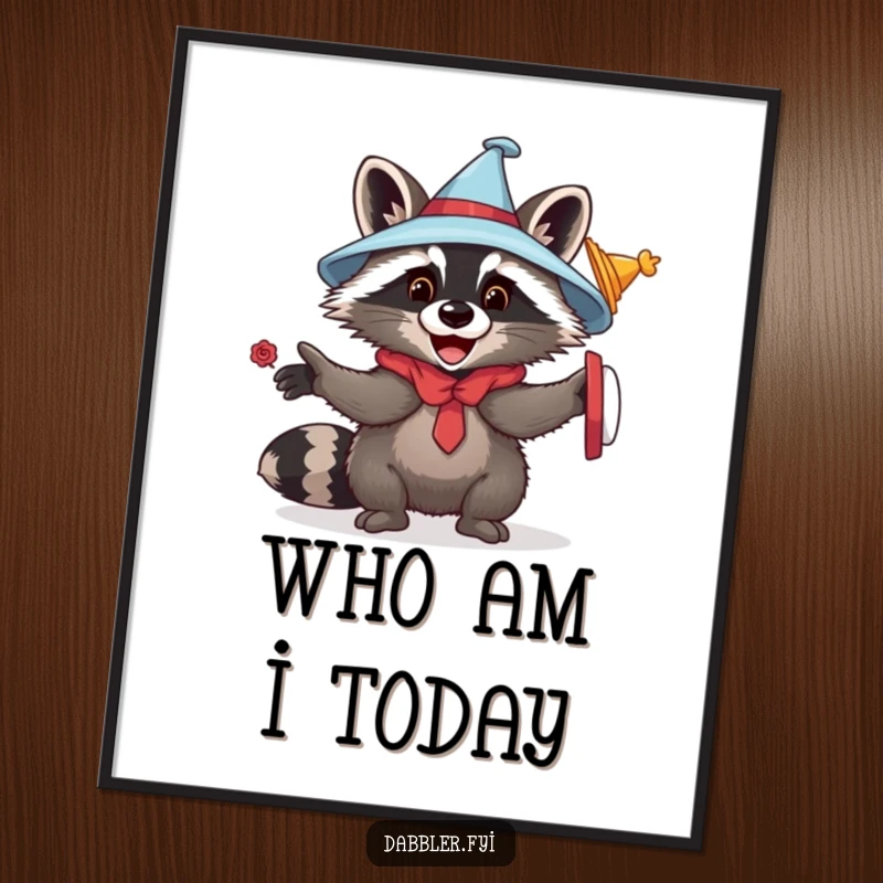 Funny raccoon disguise digital art print showing a playful raccoon trying on various hats, perfect for instant humorous wall decor and digital use.