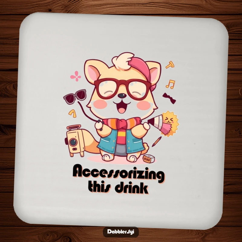 Funny drink coasters featuring a happy animal trying to balance a pair of sunglasses on its nose.