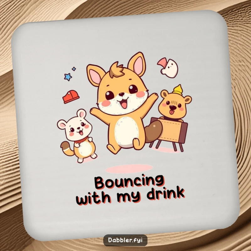 Funny drink coasters featuring an excited animal happily playing sports and reading.