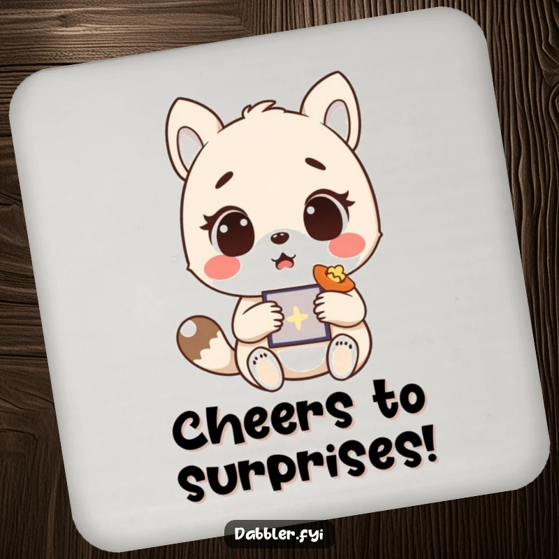 Funny Coaster Set displaying a surprised animal character's delighted reaction to a drink or item, protecting surfaces with humor.