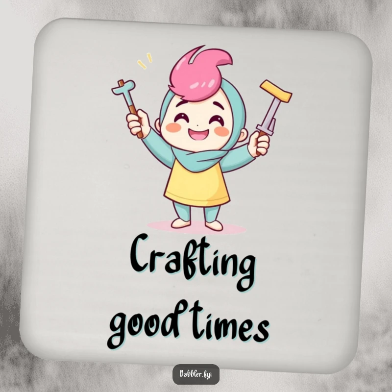 Funny crafter coaster featuring a smiling character juggling crafting tools, adding charming protection and a humorous touch.