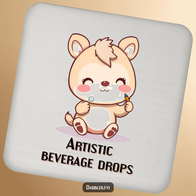 Funny art animal coaster featuring a cheerful animal painting a tiny polka dot, adding artistic charm and surface protection.