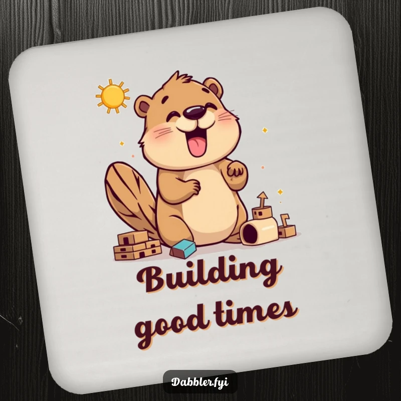 Funny beaver builder drink coaster with a happy beaver exploring construction methods, adding humorous protection to drink surfaces.