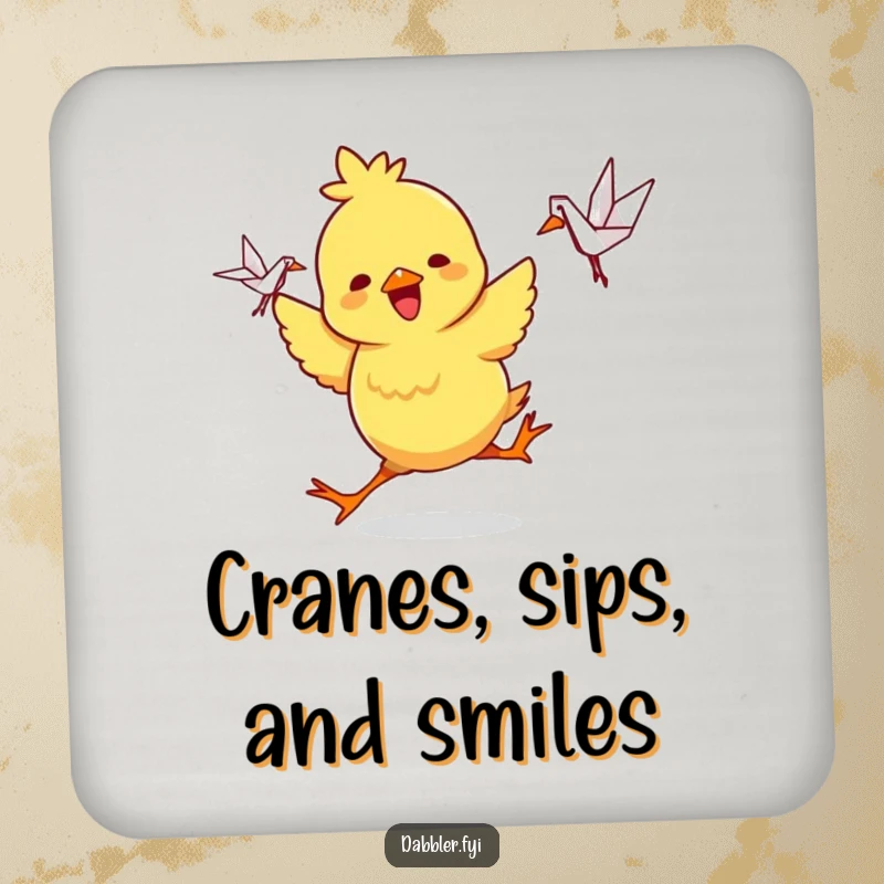 Funny Coaster: A playful chick character dances joyfully, holding a small, intricate origami crane, a humorous tabletop accessory.