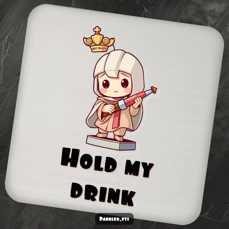 Funny drink coaster depicting a mischievous character pretending to be a statue holding a tiny crafting tool, adding a touch of playful humor.
