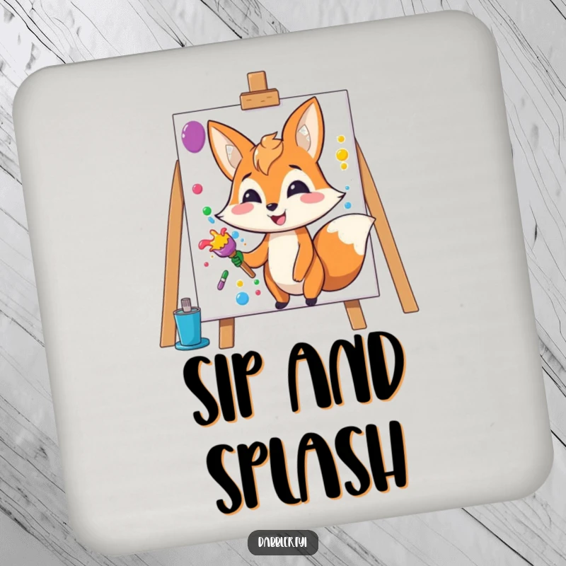 Funny Fox Coaster: Happy fox character splashes colorful paint onto a blank canvas, protecting surfaces.