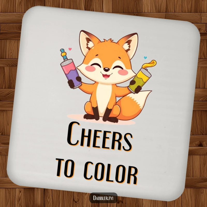 Funny fox coasters, playful artist fox juggling paint tubes, protecting surfaces with humor, set of coasters, funny gift.