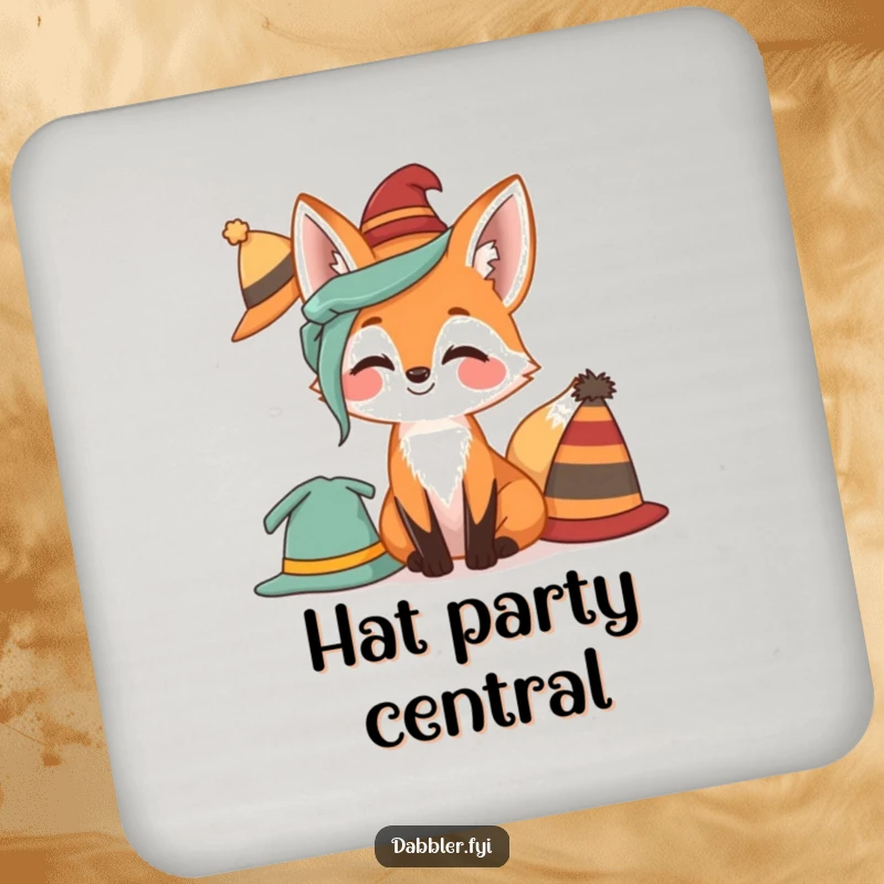 Funny Fox Coasters showcasing a giggling fox trying on different hats, adding a humorous and stylish touch to tables.
