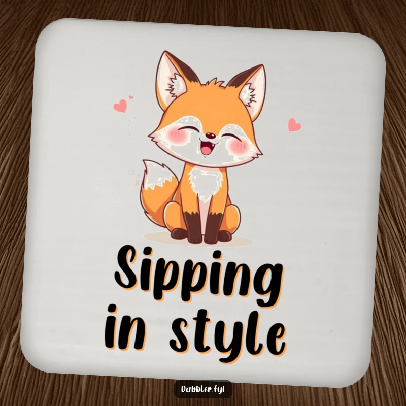 Funny coaster with a giggling fox trying on stylish hats, protecting surfaces with humor as a funny gift.