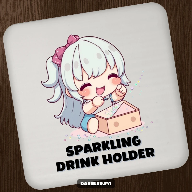 Funny glitter sprinkler coaster featuring a happy character sprinkling glitter, adding charm and humorous sparkle.