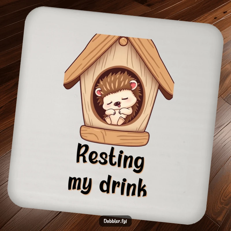 Funny Coaster: A sleepy hedgehog character snoozing inside a birdhouse, adding peaceful humor to surfaces.