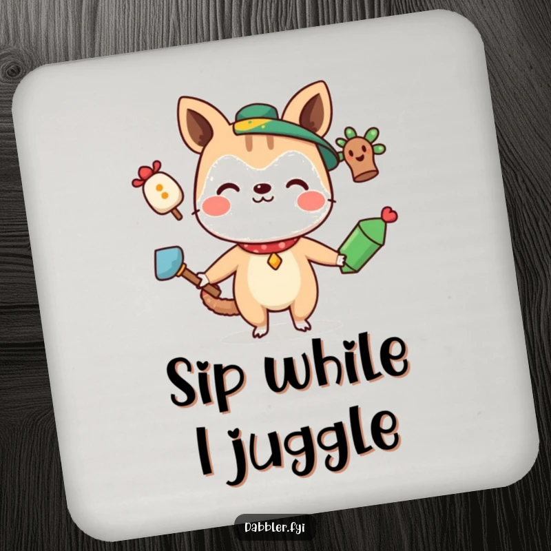 Funny Drink Coaster with a curious animal character juggling three quirky items, protecting furniture with humor.