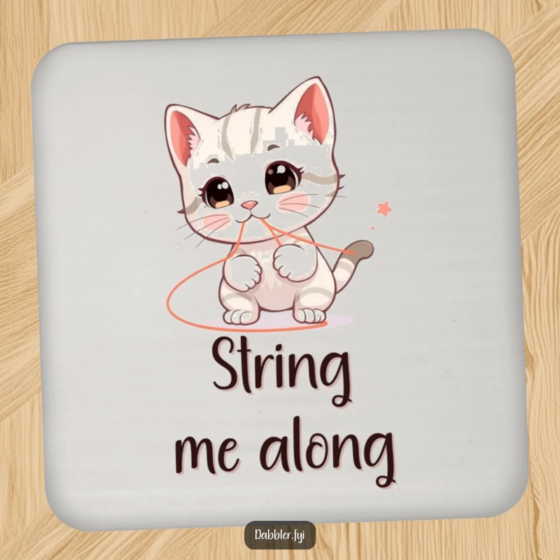 Funny drink coaster featuring a happy kitten character humorously playing with a string that leads everywhere, protecting surfaces with funny charm.