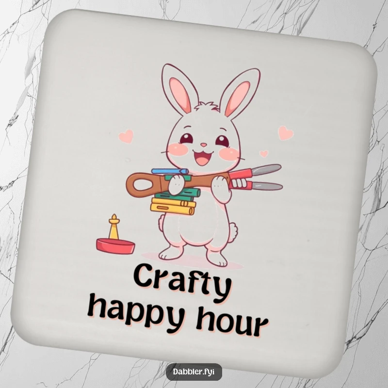 Funny Rabbit Coaster: A happy rabbit enthusiastically balances crafting tools, safeguarding surfaces with charming humor.