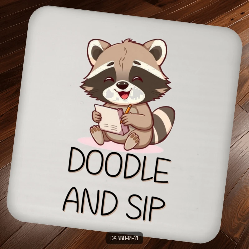 Funny Raccoon Coaster: A gleeful raccoon character sketches in a notebook, protecting surfaces with artistic humor.