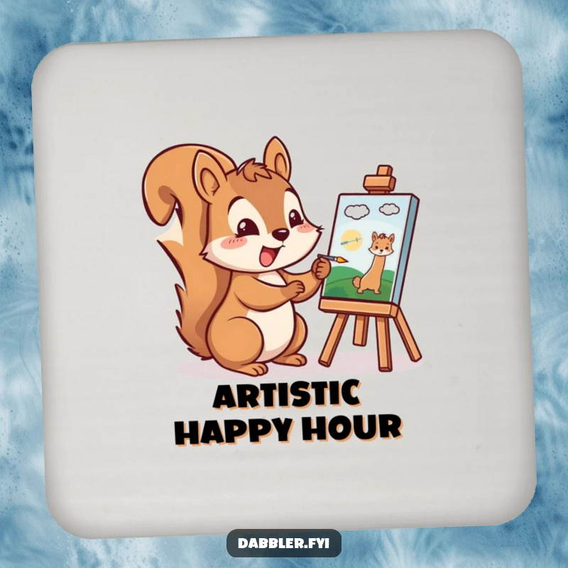 Funny Squirrel Coaster: A cheerful squirrel excitedly paints a tiny picture, safeguarding surfaces with artistic humor.