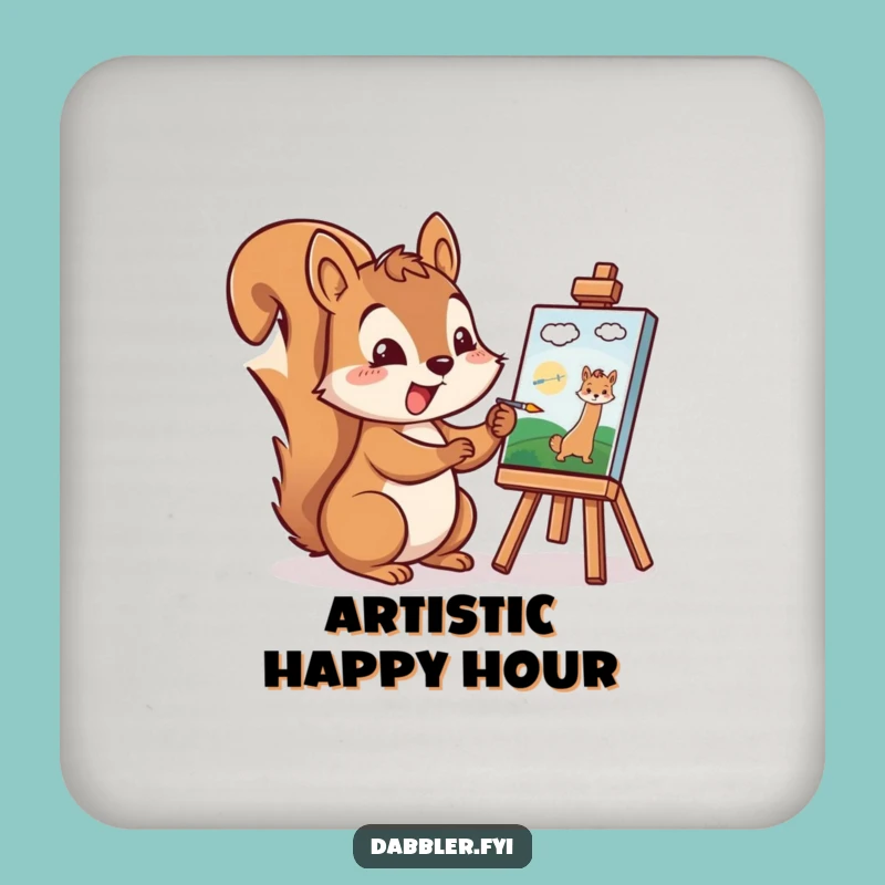 Funny Squirrel Artist Coaster: Cheerful Character Painting a Tiny Picture Excitedly
