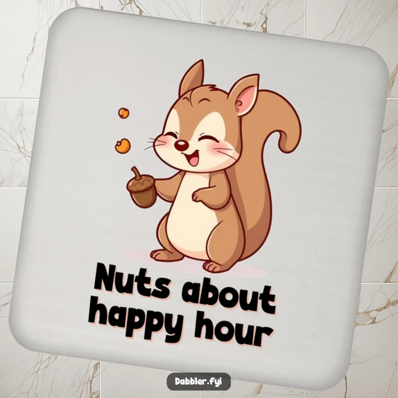 Funny squirrel coaster featuring a playful squirrel tossing an acorn, a small yet cheerful addition to any table.