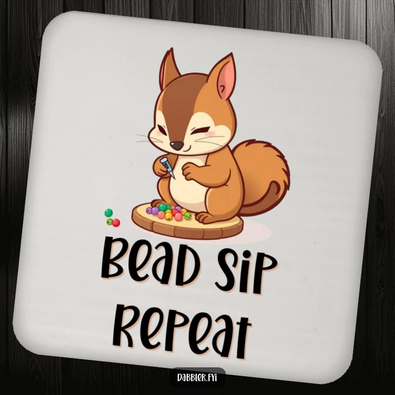 Funny Coaster: A determined squirrel character is shown meticulously gluing tiny decorative beads onto a coaster, a humorous tabletop accessory.