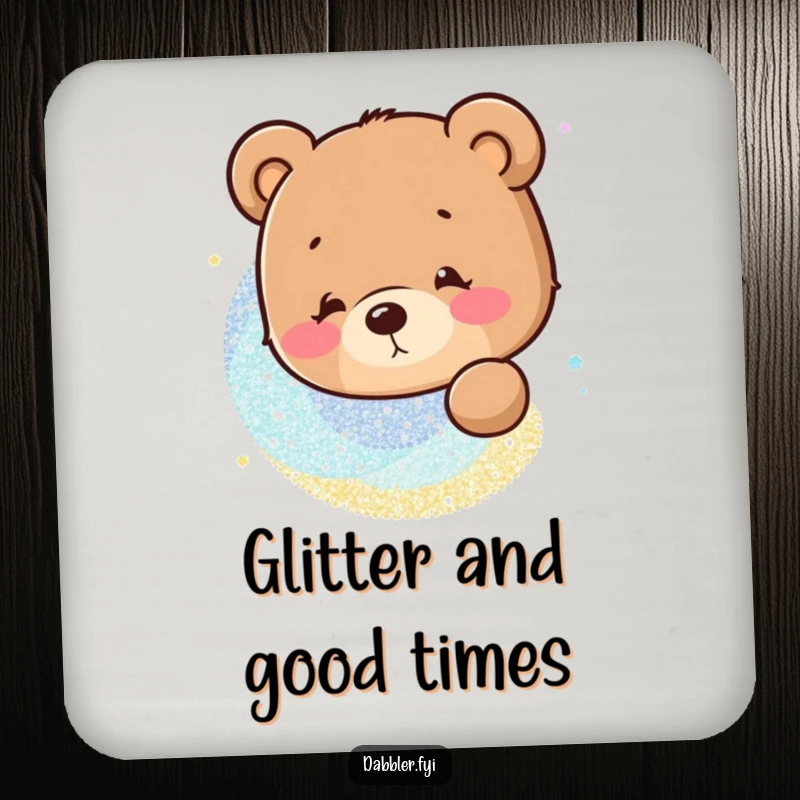 Funny Coaster: A curious bear character observing a swirling glitter pattern, adding humor to your table.