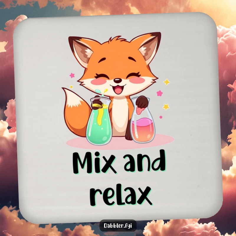 Funny fox coaster, depicting a fox mixing colorful unknown liquids, protecting surfaces with humor.
