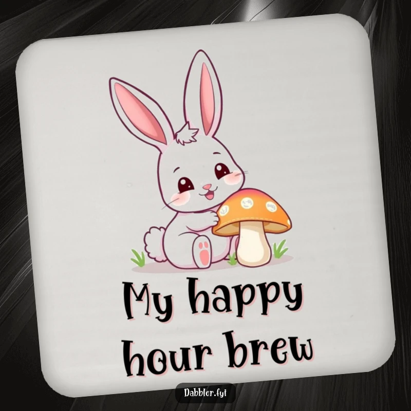 Funny happy bunny coaster, curiously poking a colorful mushroom with one ear up, a humorous way to protect surfaces from drinks.
