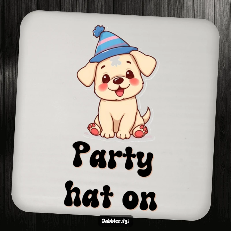Funny coaster featuring a happy puppy wearing a silly hat, protecting surfaces with humor as a funny gift.