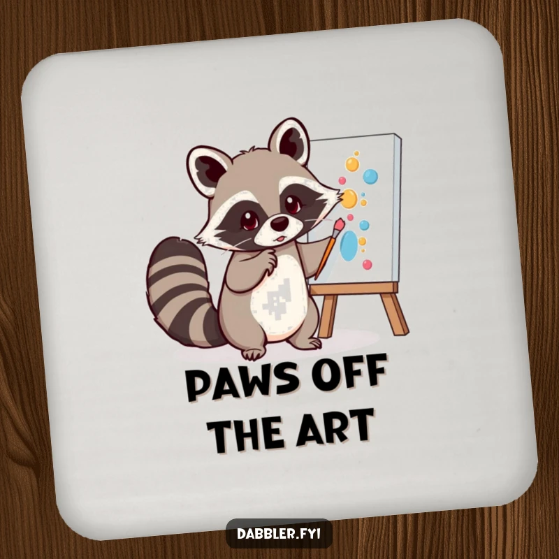 Funny Coaster: A mischievous raccoon playfully dabs paint onto a canvas with its tail, adding artistic fun and surface protection.