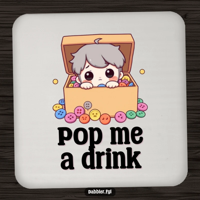 Funny drink coaster depicting a curious character peeking into a box filled with colorful buttons, adding a touch of crafting humor.