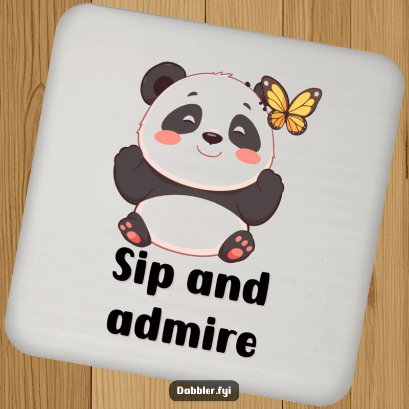 Funny drink coasters featuring a smiling panda observing a fluttering butterfly with fascination, adding peaceful decor.