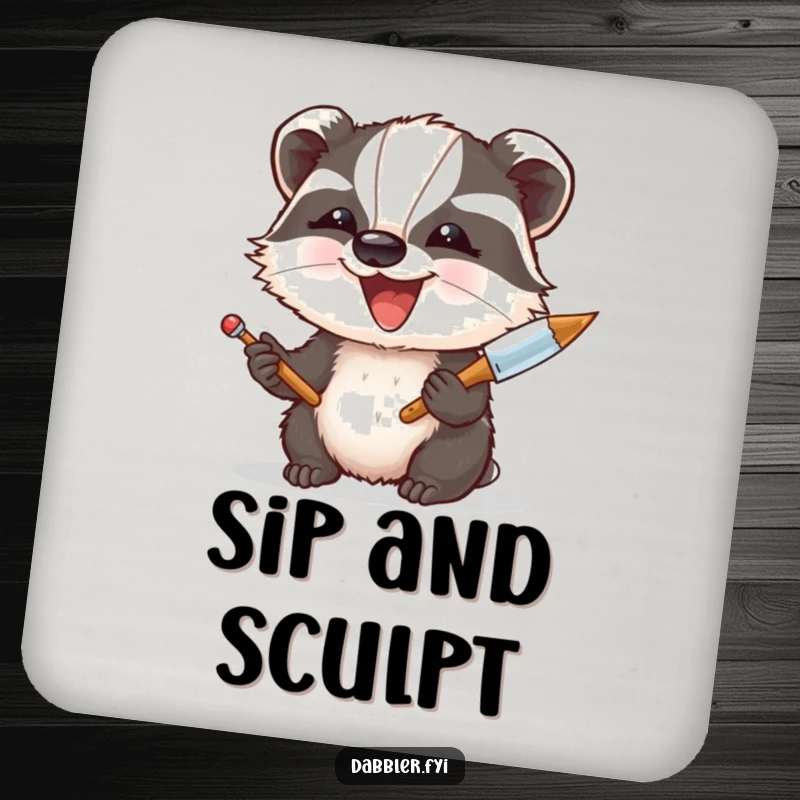 Funny Coaster: A delighted badger enthusiastically experiments with a palette knife, bringing artistic fun and surface protection.