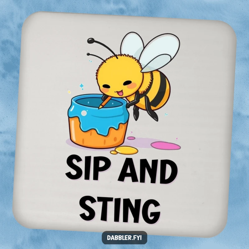 Funny busy bee coasters, artist bee dipping stinger in paint pot, protecting surfaces with humor, set of coasters, funny gift.
